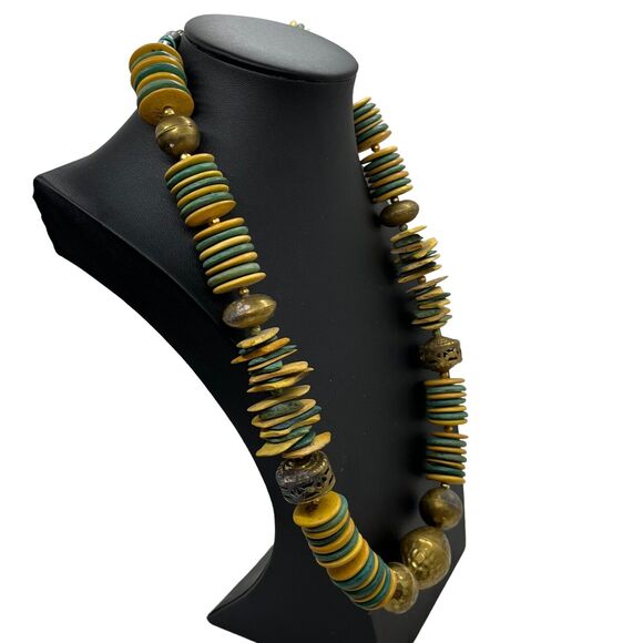 Kukui Nut Bead Necklace Statement Wood Brass Earthy Distressed Brass Vintage - Picture 8 of 16